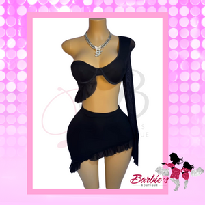 Barbie Sexy Mesh Two-Piece Set – Black Ruffle Skirt & Asymmetrical Crop Top