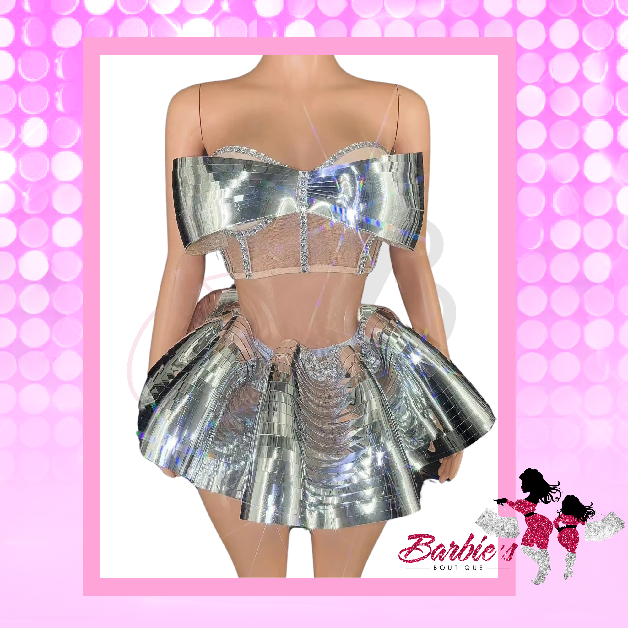 Barbie Chrome Shimmer Two-Piece Mini Skirt Set – Bold & Sexy